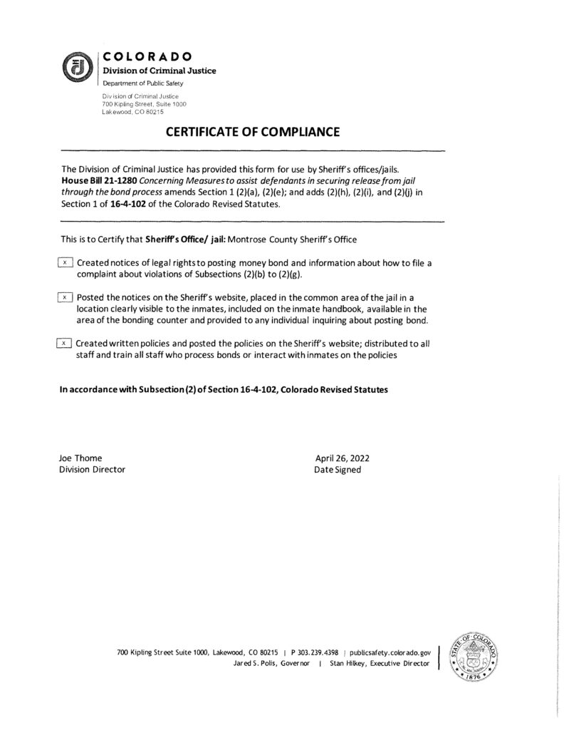 Certificate of Compliance for HB21-1280